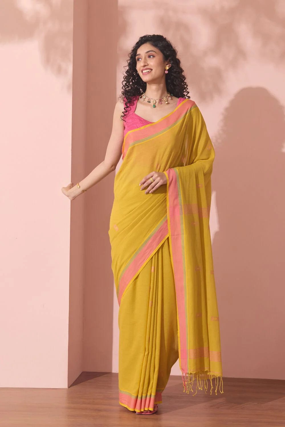 Yellow Woven Pure Cotton Bengal Saree